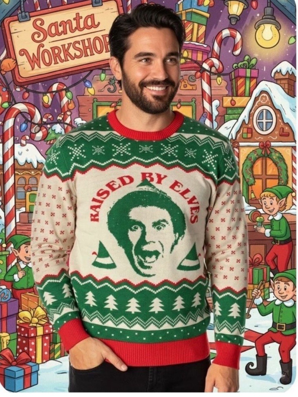Elf The Movie ‘Raised By Elves’ Ugly Christmas Pullover Sweater - Size Large